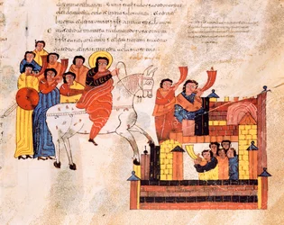 Kong Davids inntog i Jerusalem til lyden av trompeter, fra den visigotisk-mosarabiske bibelen til St. Isidores, fol.135r., 960 e.Kr.
