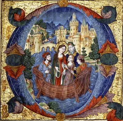Kvinnelig helgen i en båt med et høflig ektepar og to båtførere, innenfor en stor historisk initial "O", tidlig på 1900-tallet