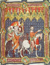 Fol. 10r Alfonso VII (1105-57) og hans hustru, Berenguela av Barcelona, føres til et møte med erkebiskopen, fra et manuskript som skildrer kroningene av kongene av Aragón og Castilla