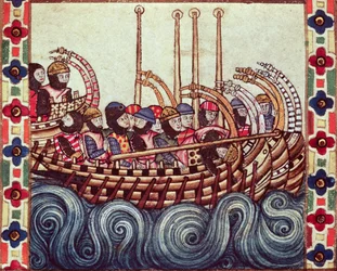 Fol.53r Departure of a Boat for the Crusades, skrevet på galasisk for Alfonso X (1221-84)