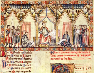 Fol.5r Hoffet til Alfonso X (1221-84) den vise, kongen av Castilla og Leon, miniatyr fra Cantigas de Santa Maria