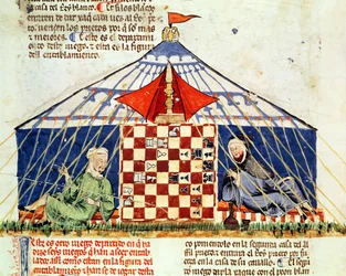 Fol.62v To arabere som spiller sjakk i et telt, fra Boken om spill, sjakk, terninger og brett, 1282