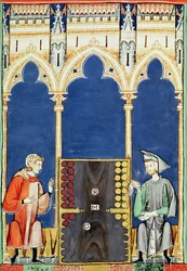 Fol.85v To backgammonspillere, fra boken om spill, sjakk, terninger og brett, 1282