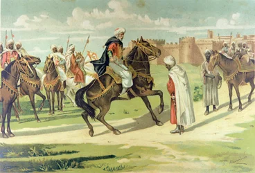 General Muza Ibn Nusayr pisker sin stedfortreder Tarik for å ha ulydt ordrene hans under erobringen av Andalucia og Extremadura (fargelitografi)