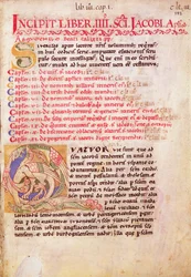 Historiert initial «Q» som viser tre drager, første side i pilegrimsguiden til den hellige Jakob av Compostela, fra «Codex Calixtinus»