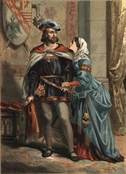Jeanne av Spania kjent som La Folle (1479-1555), dronning av Castilla og hennes ektefelle Philippe Le Beau (1478-1506) konge av Spania og erkehertug av Østerrike i "The Cult of Beauty" av Juan Justo Huguet, Mills Brothers redaktører