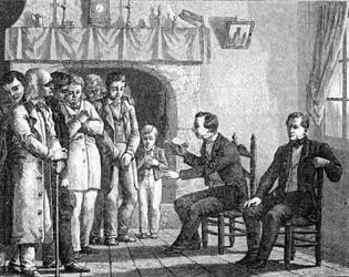 Joseph Smith, grunnlegger av mormonkirken, leser fra Mormons bok til tidlige mormonkonvertitter, fra 
