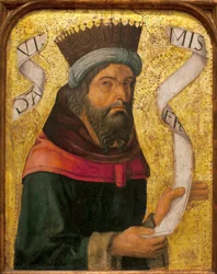 King David - Anonymt maleri av en spansk mester, olje og gull på tre, ca 1500 (King David, av en spansk ukjent mester, olje på panel