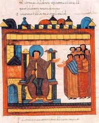 Kong David sittende på tronen og omgitt av hoffet sitt, fra den vestgotisk-mosarabiske Bibelen til Sankt Isidor, fol. 126r., 960 e.Kr.