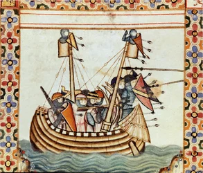 Les croises på vei til å beleire en Sarrazine-festning. Detalj av en side hentet fra et manuskript av Sangen om Saint Mary (Cantigas de Santa Maria), dekorerer miniatyrer dedikert til Saint Mary og hennes mirakler, en samling av sanger gjenopprettet under 