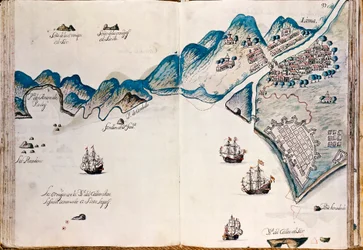 Kart over en del av Ny-Spania, Perus kyst og byen Lima, fra «Mapas de las costas de América en el mar del Sur, desde la última población de españoles en ellas, que es la ciudad de Compostela, en adelante»