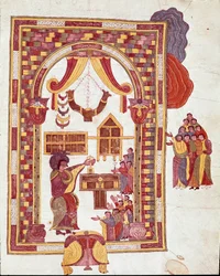 Mosarabisk kunst: "" Jerusalems tempel, Aron er representert som en yppersteprest foran et alter." Miniatyr fra en mosarabisk bibel. 10. århundre. Leon. Biblioteket til Royal Collegiale of Saint Isidore. Spania