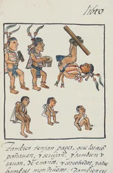 Fru Palat. 218-220 Bok IX Aztec-underholdere, musikere, sjonglører og pukkelrygger, fra den florentinske kodeksen av Bernardino de Sahagun, ca. 1540-85