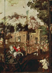 Panel fra en sammenleggbar skjerm som viser en serie steinhus med indianere som danser i feiring (olje på panel)