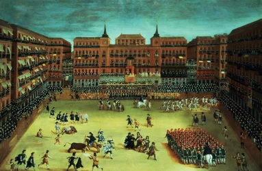 Panorama av en fiesta på Plaza Mayor i Madrid