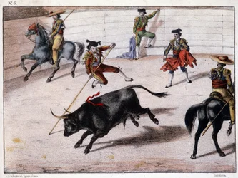 Abborhopp, tyrefekting i Spania, spansk litografi, sd. 1800-tallet