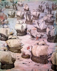 Regatta av spanske galjoner under en ekspedisjon til Acores i 1582 under Filip II (1527-1598), konge av Spania. freskomaleri fra 1500-tallet. Hall of Battles, Palace of the Escorial, Madrid.