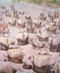 Regatta av spanske galjoner under en ekspedisjon til Acores i 1582 under Filip II (1527-1598), konge av Spania. freskomaleri fra 1500-tallet. Hall of Battles, Palace of the Escorial, Madrid.