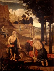 Scener fra livet til St. Hieronymus; St. Frans i ekstase med bror Leo