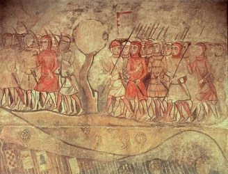 Soldater fra hæren til kong James I (1208-76) en gruppe fotsoldater med buer og lanser, detalj fra et veggmaleri fra det tidligere Palacio Reale, Barcelona (veggmaleri)