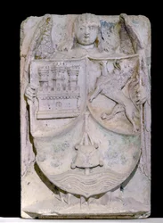 Spansk lapp fra 1300-tallet: våpenskjold fra Castilla og Leon, stokken til pelerin evoque Saint Jacques de Compostela, bevart i cistercienserklosteret Fontenay, Burgund (våpenskjoldet til Castilla og León, Spania