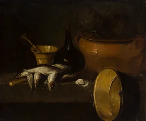 Stilleben med fisk og artisjokker (olje på lerret)