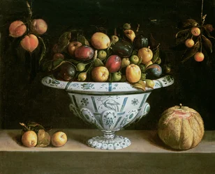 Stilleben av frukt i en blå og hvit skål, ca. 1630