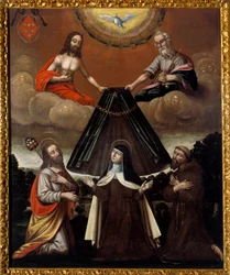Den hellige treenighet som holder kappen til den hellige Therese av Avila Også kalt Therese av Jesus, reformator av Karmel (død 1582). Maleri av den spanske skolen. 17. århundre. Saint Denis, museum for kunst og historie