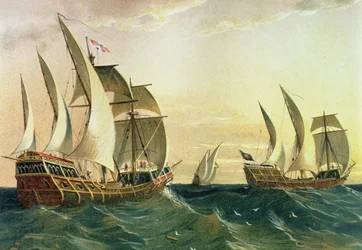 'Pinta', 'Nina' og 'Santa Maria' seilte mot Vestindia i 1492, fra The Discovery of America