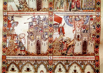 Saracenerne beleiret en kristen by. Detalj fra én side hentet fra et manuskript av Sangen om Sankt Maria (Cantigas de Santa Maria), dekorerte miniatyrer dedikert til Sankt Maria og hennes mirakler, en samling sanger gjenopprettet under Alfons rike.