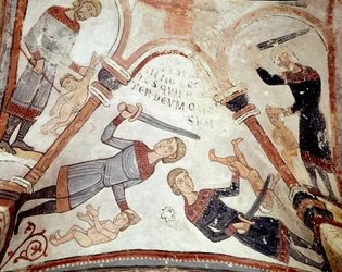 Månedenes syklus: massakren på de uskyldige. Detalj av en freske fra 1100-tallet fra det kongelige panteonet i Real Colegiata de San Isidoro (Sankt Isidors kongelige kollegiatkirke). León. Spania