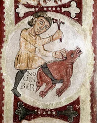 Månedens syklus: november (slaktet gris). Detalj av en freske fra 1100-tallet fra Royal Pantheon of the Real Colegiata of San Isidoro (Royal Collegiale of Saint Isidore). Leon. Spania