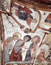 Månedens syklus: en tjener tilbyr en drink til apostlene (Saint Andre, Saint Barthelemy og Saint Philip). Detalj av en freske fra 1100-tallet fra Royal Pantheon of the Real Colegiata of San Isidoro (Royal Collegiale of Saint Isidore). Leon. Spai