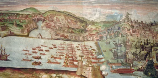 Flåtens inntreden i Lisboa, en scene fra den maritime kampanjen mot Portugal utført av Alvaro de Bazan, under Filip II av Spanias regjeringstid (fresco)