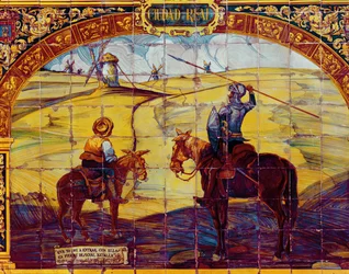 Fliser som viser Don Quixote og Sancho Panza som forbereder seg på å angripe vindmøllene (keramikk)