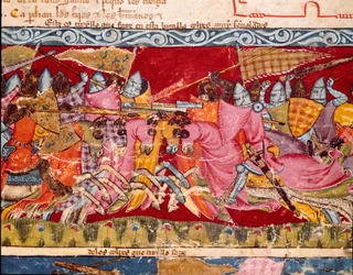 Trojanerkrigen: kamp mellom grekerne og trojanerne. Detalj av en miniatyr fra det spanske manuskriptet "Codex Benito de Santa Mora""