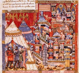 Trojan War: byen Troja og den greske leiren. Detalj av en miniatyr fra det spanske manuskriptet "Codex Benito de Santa Mora""