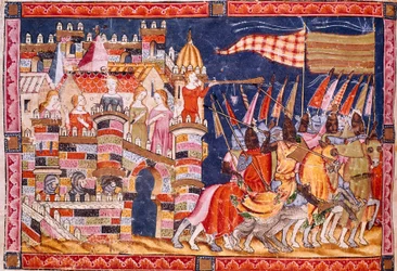 Trojan War: byen Troja og den trojanske hæren drar til kamp. Detalj av en miniatyr fra det spanske manuskriptet "Codex Benito de Santa Mora""