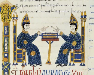 To katolske biskoper sitter foran et manuskript, miniatyr fra Glosas Emilianenses, 992-994 (belyst manuskript)