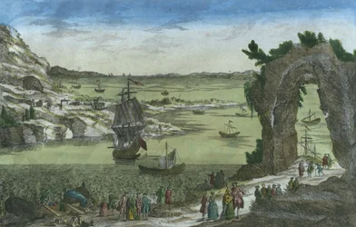 Utsikt over den franske landingen for å etablere den nye kolonien i havnen i New Cayenne, Fransk Guyana, 1762