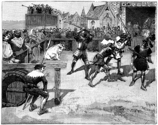 Fire blinde menn plassert i en ring for å kjempe mot en stor gris, ca. 1300-1400-tallet 1882-1884.