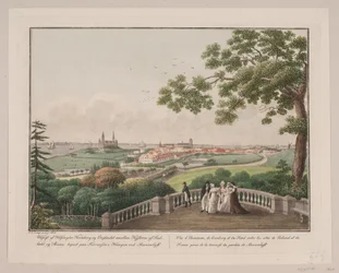Utsikt over Helsingør, Kronborg og Øresund mellom kysten av Sjælland og Skåne. Skiltet på terrassen i henget på Marienlyst