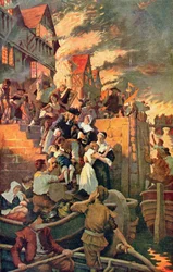 Den store bybrannen i London i 1666, illustrasjon fra Hutchinsons 