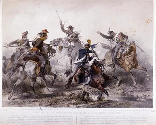 Heroisk hendelse under den piemontesiske kampanjen under den italienske uavhengighetskrigen i 1848 (farge litho)