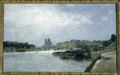 Île de la Cité og Île Saint-Louis, sett fra Pont d#39;Austerlitz, ca. 1880 (olje på lerret)