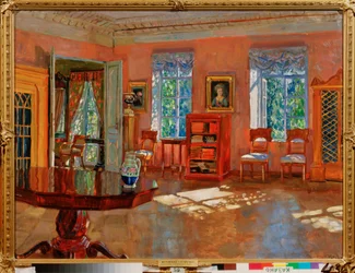 Interiør av biblioteket i et herskapshus. Maleri av Stanislav Yulianovich Joukovski (Zhukovsky) (1873-1944), olje på lerret, rundt 1910. Russisk kunst, 1900-tallet, modernisme. Statens kunstmuseum for republikken Tatarstan, Kazan (Russland).