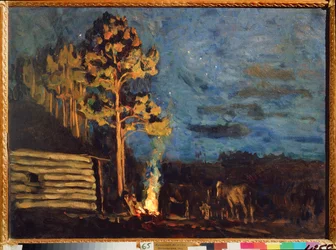 Vårnatt. Verk av Stanislav Yulianovich Joukovski (Zhukovsky) (1873-1944), olje på papp