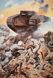 Britisk stridsvogn i aksjon mot tyskere på vestfronten i første verdenskrig