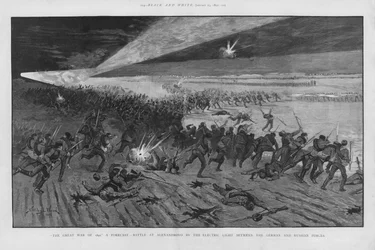 Slaget ved Alexandrovno, forestilt kampscene i en krig mellom Russland og Tyskland ved bruk av elektrisk lys for å belyse slagmarken om natten (litho)