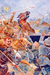 Anklagen for den niende lanseren under tilbaketrekningen fra Mons (farge litho)